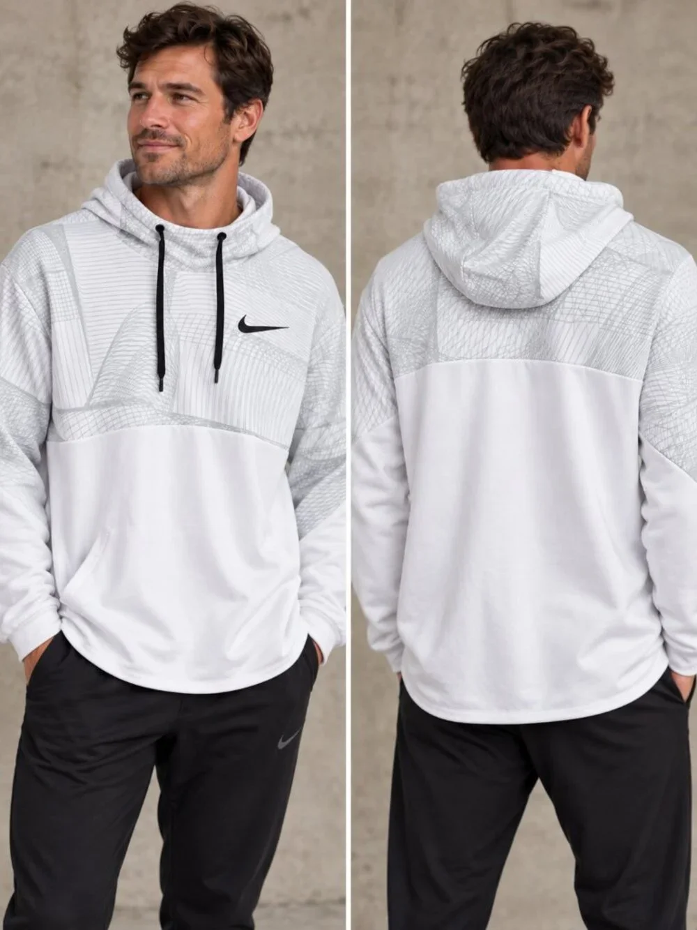 Nike Dri-FIT Men’s XL White Gray Geometric Pullover Hoodie Training Athletic